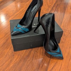 LK Bennett Kerry Heels 41 NWT Leather Women's Black and Teal